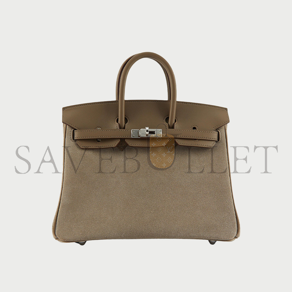 HERMES BIRKIN 25 GRIZZLY SUEDE GRIS CAILLOU SWIFT PALLADIUM TOP HANDLE TOTE BAG  (25*19*12cm)