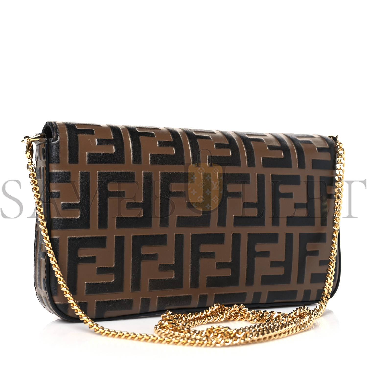 FENDI VITELLO SOFT F IS FENDI BI-COLOR FF 1974 EMBOSSED ENVELOPE WALLET ON CHAIN WITH POUCHES MAYA BLACK (21*12*3cm)