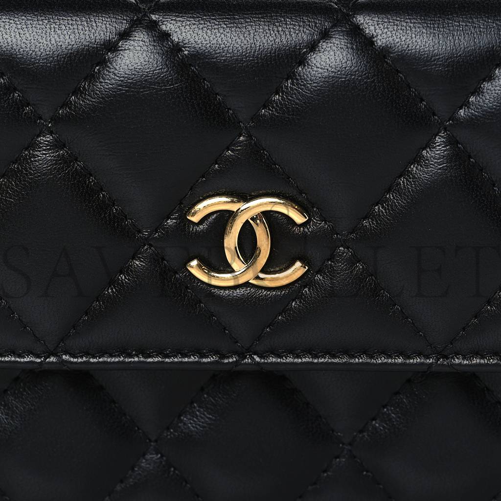 CHANEL LAMBSKIN RESIN QUILTED CLUTCH WITH CHAIN BLACK GOLD HARDWARE (15*10*5cm)