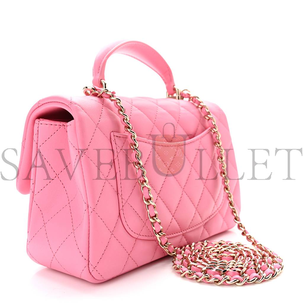 CHANEL LAMBSKIN QUILTED MINI TOP HANDLE RECTANGULAR FLAP PINK ROSE GOLD HARDWARE  (20*12*6cm)