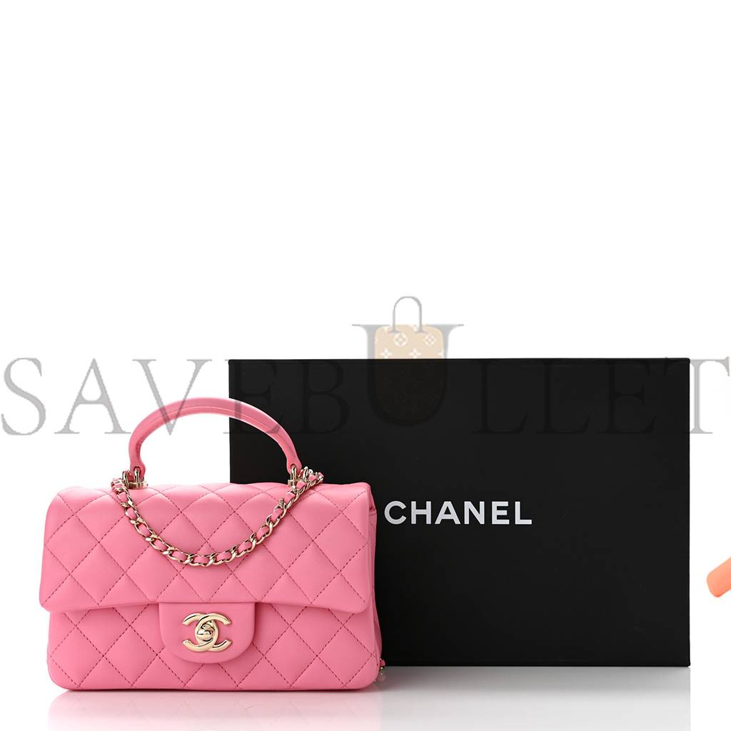 CHANEL LAMBSKIN QUILTED MINI TOP HANDLE RECTANGULAR FLAP PINK ROSE GOLD HARDWARE  (20*12*6cm)