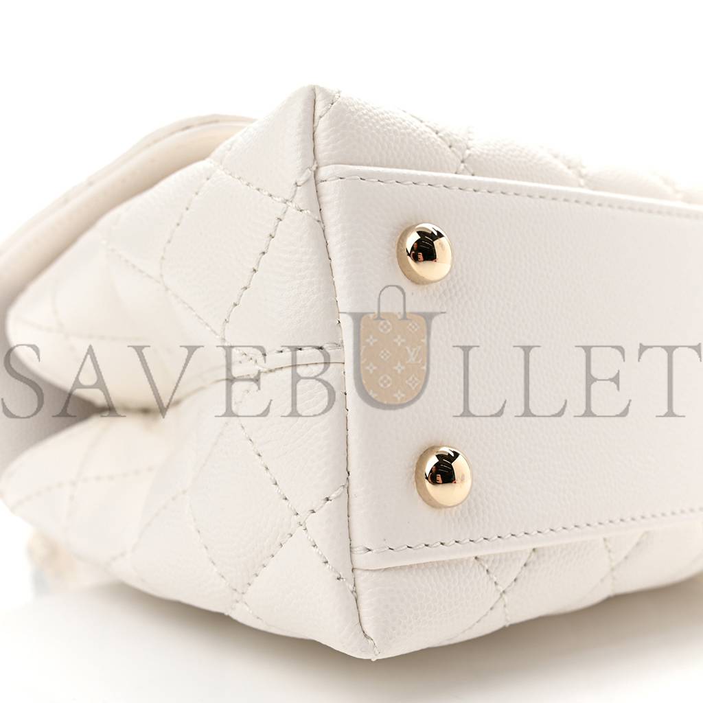 CHANEL CAVIAR QUILTED MINI COCO HANDLE FLAP WHITE GOLD HARDWARE (23*15*9cm)