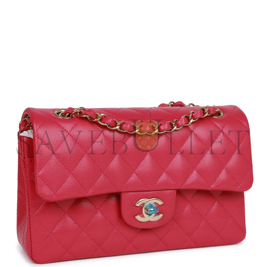 CHANEL SMALL CLASSIC DOUBLE FLAP FUCHSIA CAVIAR LIGHT GOLD HARDWARE (23*13*6cm)