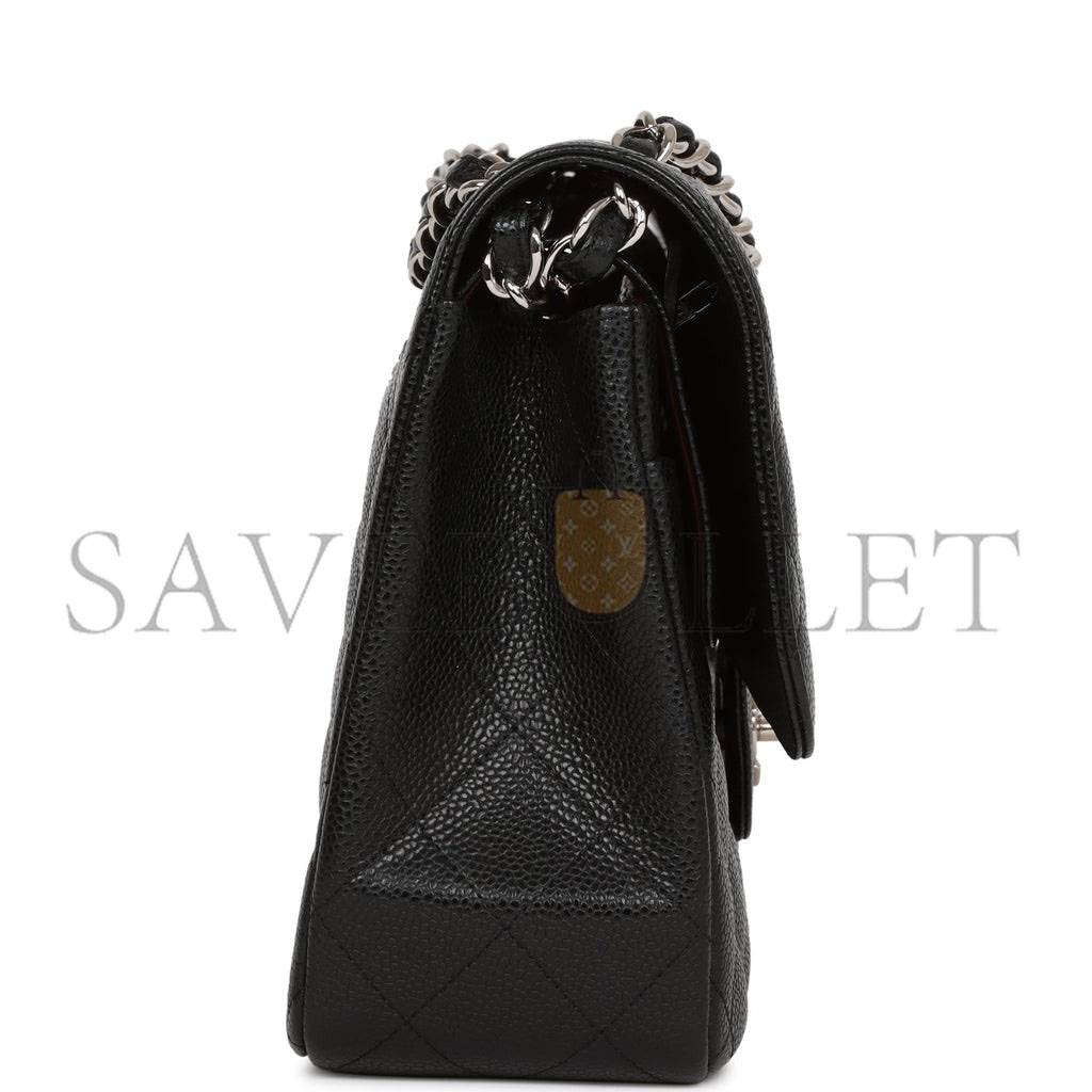 CHANEL JUMBO CLASSIC DOUBLE FLAP BAG BLACK CAVIAR SILVER HARDWARE (30*20*9cm)