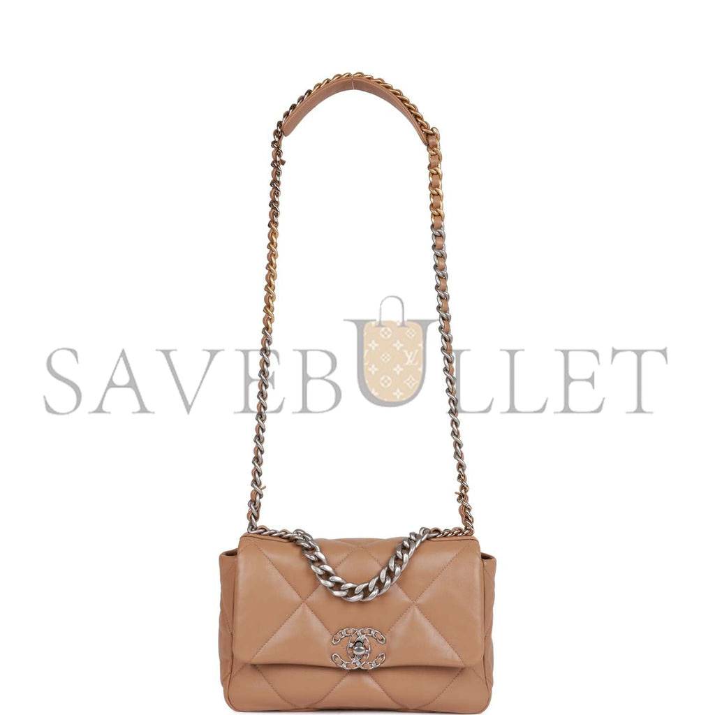 CHANEL MEDIUM 19 FLAP BAG BEIGE CALFSKIN MIXED HARDWARE (25*16*9cm)