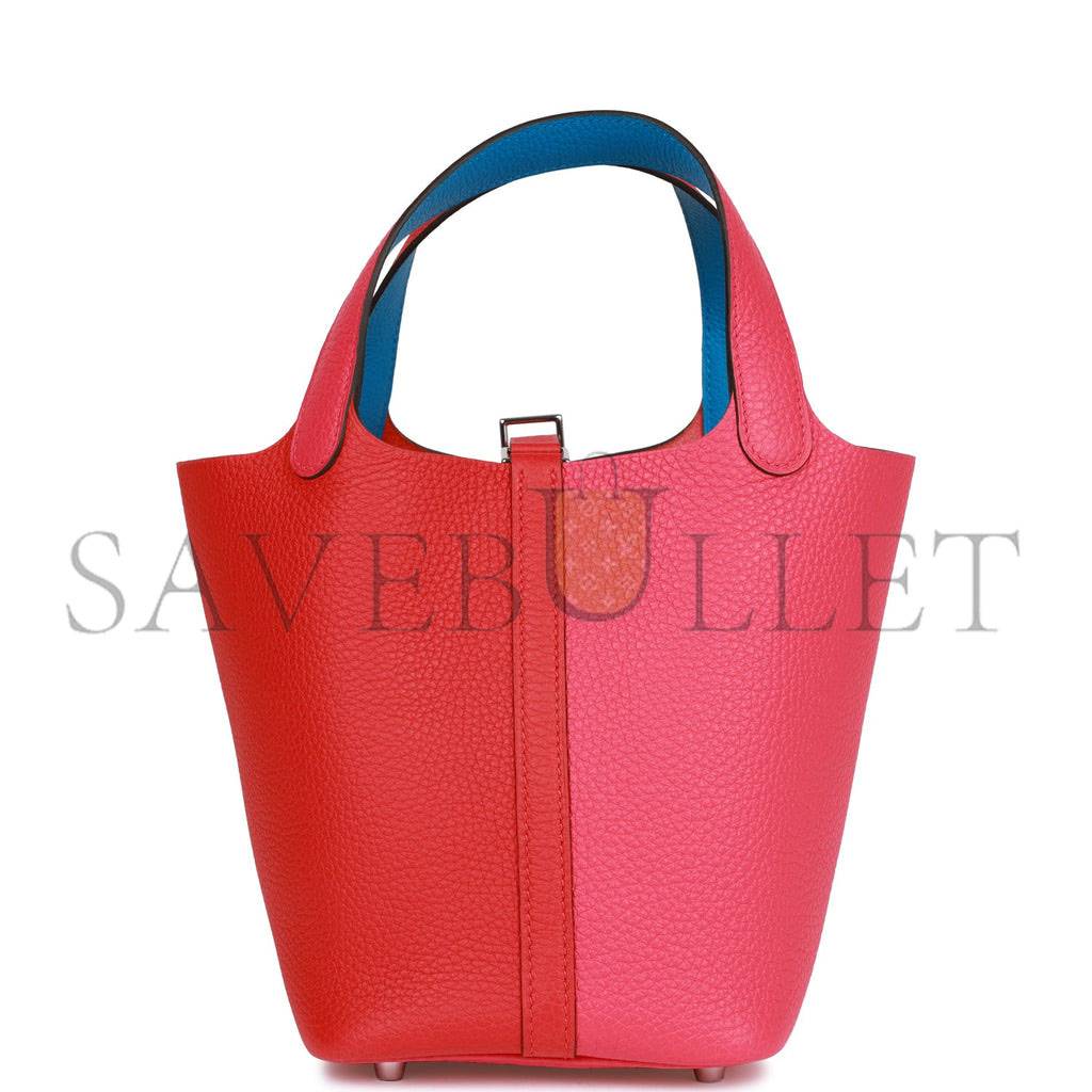 HERMES PICOTIN LOCK 18 CASAQUE ROUGE DE COEUR, ROSE EXTREME AND BLEU ZANZIBAR CLEMENCE PALLADIUM HARDWARE (18*13*18cm)