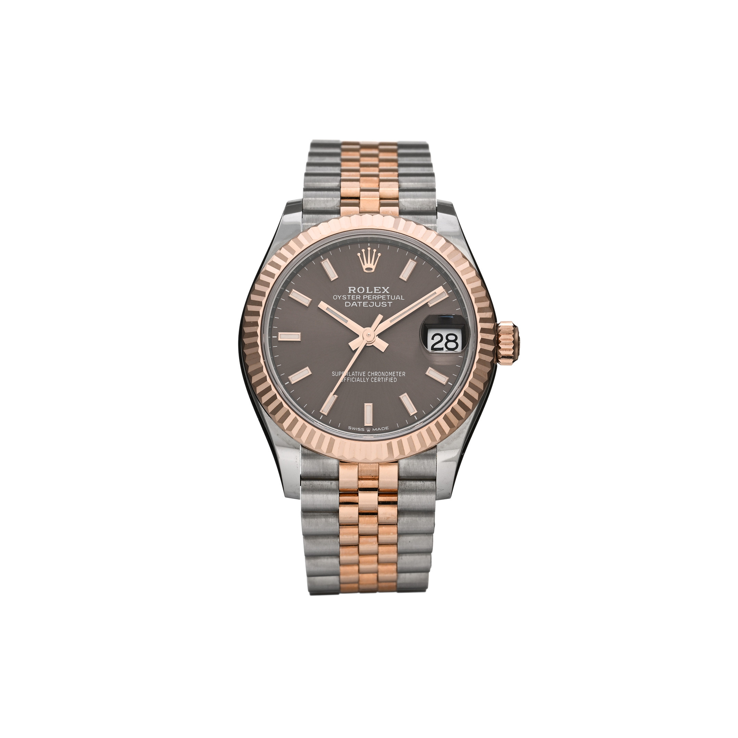 ROLEX STAINLESS STEEL 18K EVEROSE GOLD 31MM OYSTER PERPETUAL DATEJUST WATCH DARK RHODIUM 278271