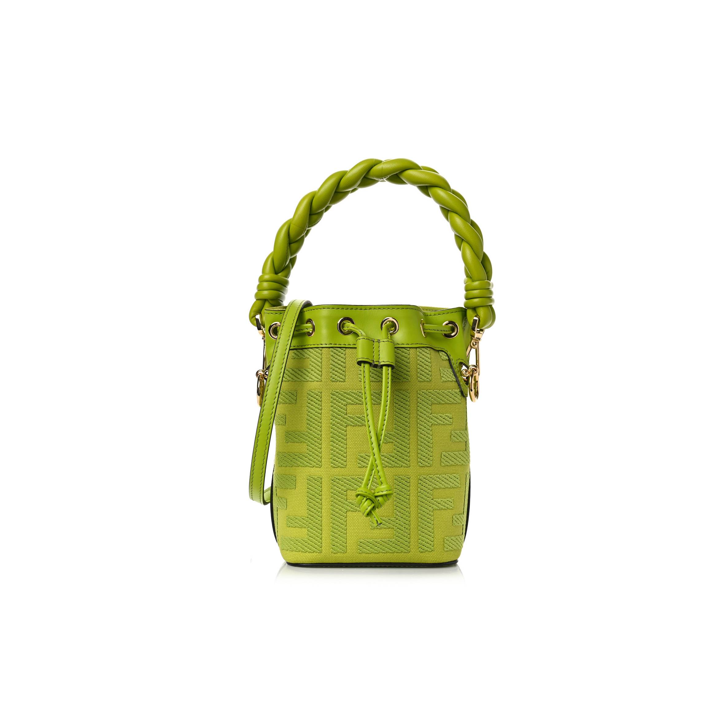 FENDI CANVAS VITELLO GRACE F IS FENDI FF EMBROIDERED MINI MON TRESOR BUCKET BAG WASABI (18*12*10cm)